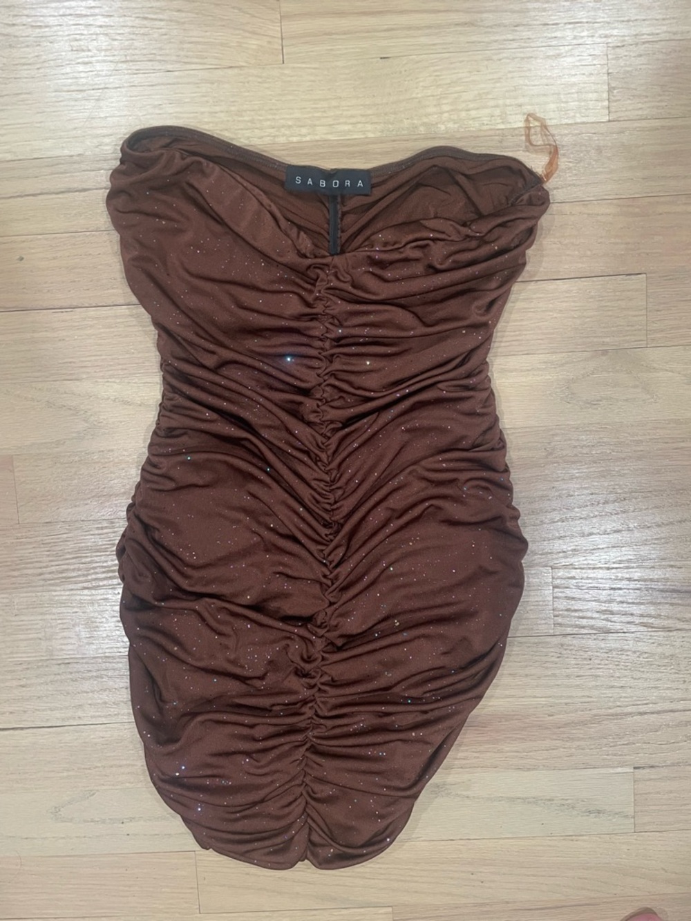 Sabora Chocolate Brown Sparkle Strapless Ruched Dress